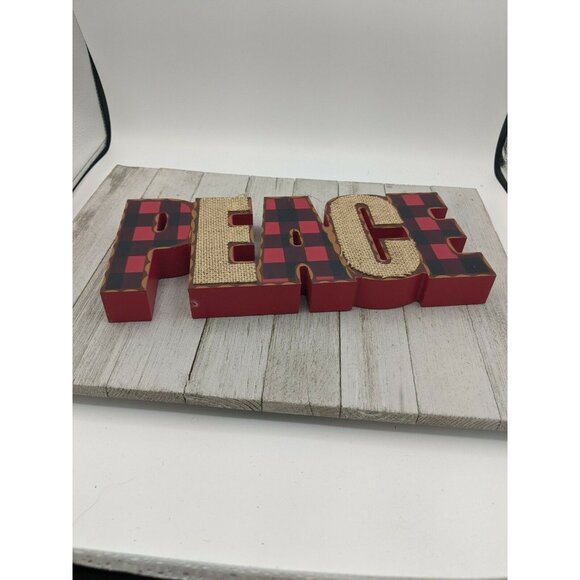Christmas Farmhouse PEACE Burlap Wood Block Word Red Black Buffalo Check - Picture 4 of 7
